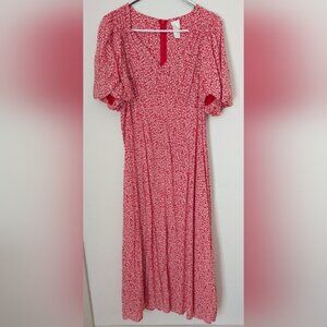 H&M Red Floral Puff Slv Dress, Size M